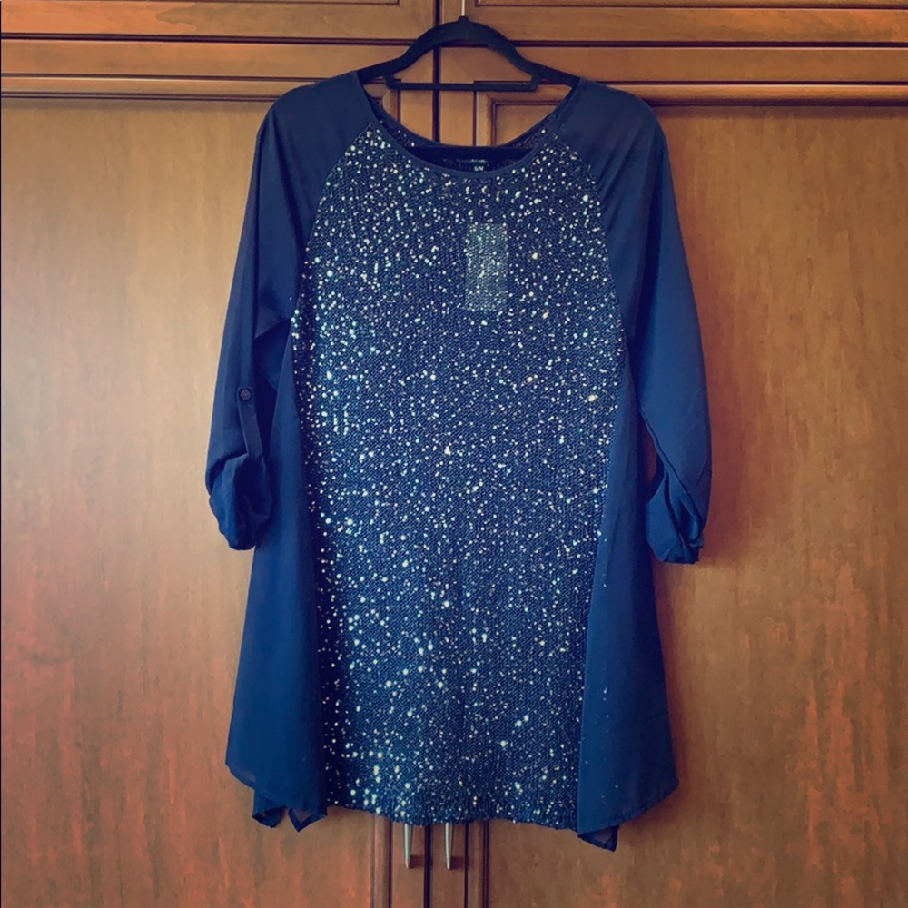 NWT Navy layering sheer and sparkle formal tunic